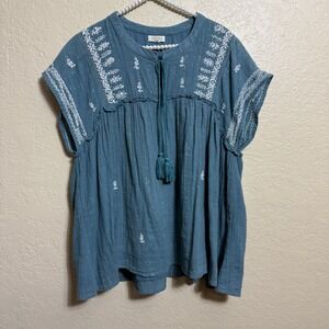 Novica Hand Embroidered Cotton Baby Doll Blue Whimsy Boho Blouse XL